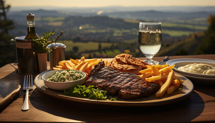 Poster - Grilled beef steak, wine, and fresh vegetables on outdoor table generated by AI