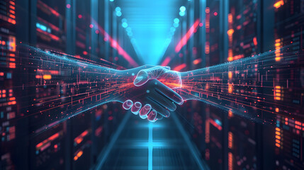 A virtual handshake between two secure servers, symbolizing secure data transmission and encrypted communication