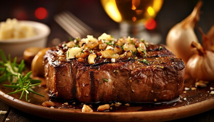 Canvas Print - Grilled steak on wooden plate, ready to eat with fresh vegetables generated by AI