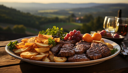 Poster - Grilled meat on wooden plate, fresh tomato, rustic bread generated by AI