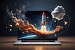 Space rocket shuttle with a cloud of smoke and blast takes off from a laptop on a working office desk. Creative idea and startup. Successful business project. Go outside the frame