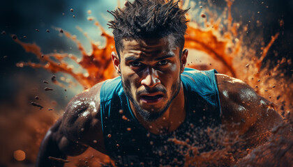 Poster - A determined athlete splashes through wet competition, displaying strength and speed generated by AI