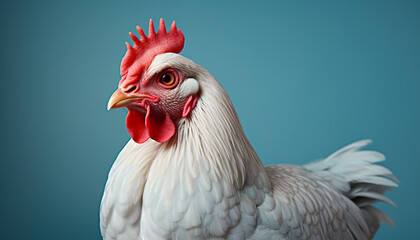 Canvas Print - A rooster stands in a farm, looking at the camera generated by AI