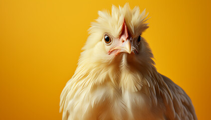 Canvas Print - Cute yellow chick with fluffy feathers looking at camera generated by AI