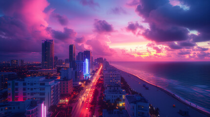 Wall Mural - Sunset at Miami Art Deco District, drone photo of Ocean Drive Miami neon art deco buildings , city skyline at night