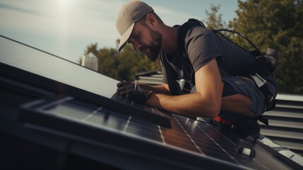 Wall Mural - Construction industry, aerial view. An electrician in a helmet is installing a solar panel system outdoors. Engineer builds solar panel station on house roof