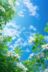 Sticker - White Flowers and Green Leaves Against a Blue Sky