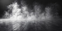 White Smoke Wisps Rising Above A Wood Plank Floor, Backlit By A White Light, Mysterious Fog, Mystery, Black And White Color Scheme, Fog Machine Fluid