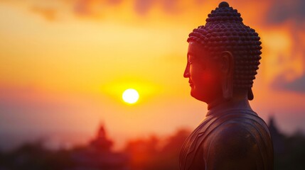 Buddha statue, silhouette of buddha and sunset background