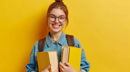 Happy teen student lady with backpack in glasses hold many books, enjoy study, learn, isolating on yellow studio background. Education at university, lifestyle, project, homework and library