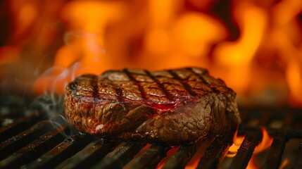 Juicy bloody steak on the grill against the background of flames. Shallow depth of field