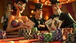 © Justlight - Cartoon scene A pair of playing cards dressed in fancy tuxedos and evening gowns trying to sneak chips out of a stack while the rest of the royal flush gang is busy
