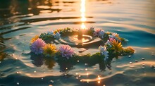 A Wreath Of Flowers Floating On Top Of A Body Of Water