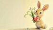 In love cute bunny holding a bouquet of white delicate snowdrops and heart, declaration of love for Valentine's Day or spring time holidays. Cute cozy card