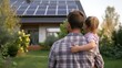© Sasint - Rear view of dad holding her little girl in arms and showing at their house with installed solar panels. Alternative energy, saving resources and sustainable lifestyle concept.