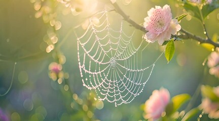 a close up of a spider web on a tree branch