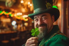 Portrait Photo Of A Man As A Leprechaun, Winking And Holding A Four-leaf Clover Close To The Camera. He's In Traditional Green Attire With A Beard, Standing Against A Backdrop Of An Old Irish Pub. 