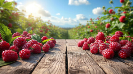 Wall Mural - raspberries on a wooden table