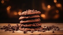 Chocolate Chip Cookies On Wooden Table With Bokeh Background.