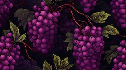 Wall Mural - Seamless pattern with bunch of grapes on black background.