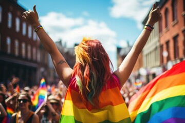 Wall Mural - Woman with lgbti flag around her neck, gay pride day