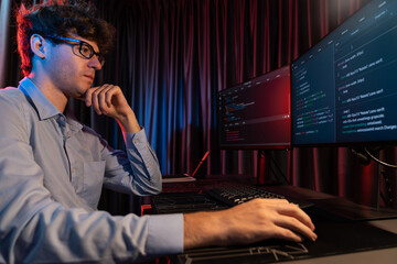it developer thinking online software development information coding on pc screen at side view, work