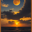 Soft pink color full moon in the night dark sky with light clouds above the sea with copy space