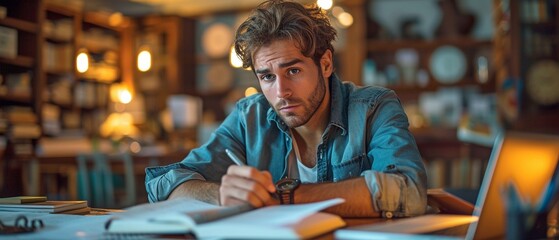 drained young entrepreneur jotting down notes with his notepad