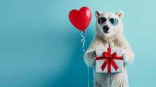 Stylish Polar Bear With Sunglasses Presents A Gift. A Heart Balloon Adds A Festive Touch. Ideal For Festive Promotions