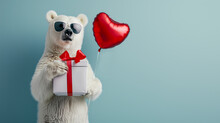 Stylish Polar Bear With A Gift And Heart Balloon. Versatile Image For Festive Ads, Promotions, Greeting Card
