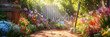  a pathway leading from a garden with colorful flowers and garden tools, Gardening background with flower in sunny spring or summer garden