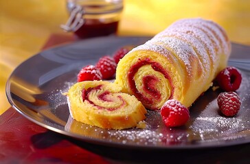 Poster - A raspberry roll cake, dusted with powdered sugar and accompanied by fresh raspberries