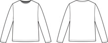 Technical Flat Sketch Of Men's T-shirt. Round Neck Tee Sweatshirt With Long Sleeve. Vector Mock Up Template.