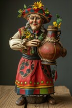 A Woman Figurine In Traditional Polish Clothing, Carrying A Large Clay Pot With Flowers On Top.