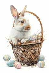 Poster - A white bunny rabbit sits in a basket filled with hay and Easter eggs.