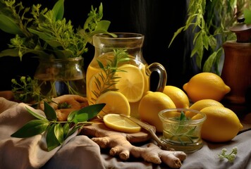 Wall Mural - A refreshing blend of ginger tea infused with mint leaves and a hint of lime.