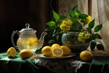 Wall Mural - Indulge in the invigorating flavors of ginger tea complemented by fresh mint and zesty lime.