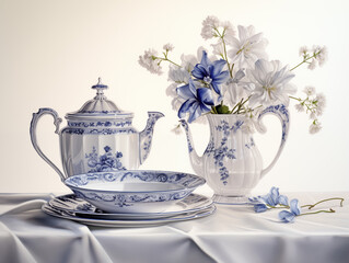 Photorealistic traditional blue and white fine china set with beautiful flower and tablecloth. Plate, saucer, teapot, and vase set, variation 2  