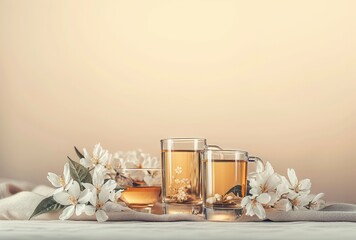 Wall Mural - A lovely glass of tea adorned with fresh jasmine flowers, adding a touch of beauty to the kitchen.