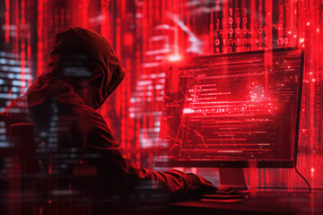 Hacker programmer using computer at table with abstract red neon light effect. Double exposure