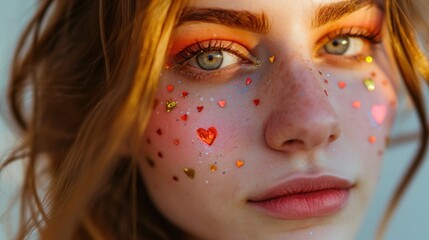 Wall Mural - Valentine's day concept. Close up and selective focus of a woman's face, looking into the camera, painted with hearts as a symbol of love.