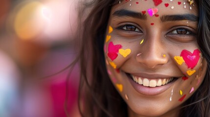 Wall Mural - Valentine's day concept. Close up and selective focus of an Indian woman's face, looking into the camera, painted with hearts as a symbol of love.