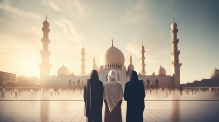 Three Men in Arabian Attire Visit a Mosque