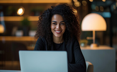 Programming, business and woman working on laptop at night for information technology agency and artificial intelligence. Female, confident and corporate worker at the office for data analysis
