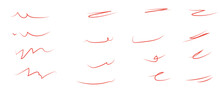 Red Brush Stroke Underline. Marker Pen Highlight Stroke. Vector Swoosh Brush Underline Set For Accent, Marker Emphasis Element. Hand Drawn Collection Set Of Underline Strokes. Vector Illustration