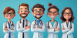 © VertigoAI - Cartoon character doctors, international team of healthcare professionals isolated on blue background. Medical colleagues hospital staff