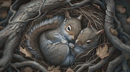 Two cute squirrels sleep together
