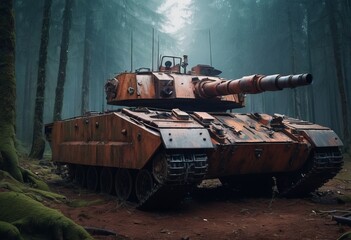 tank parked in a forest, with foliage growing around it