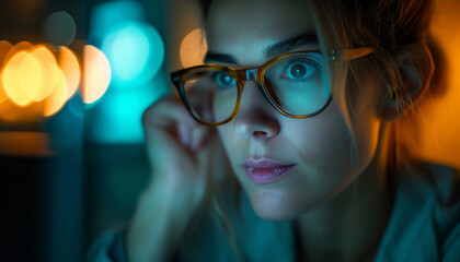 Programming, business and woman working at night for information technology agency and artificial intelligence. Female, confident and closeup of corporate worker at the office for data analysis
