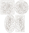 A set of contour illustrations of stained glass Windows with jellyfish on a background of water and air bubbles, dark contours on a white background